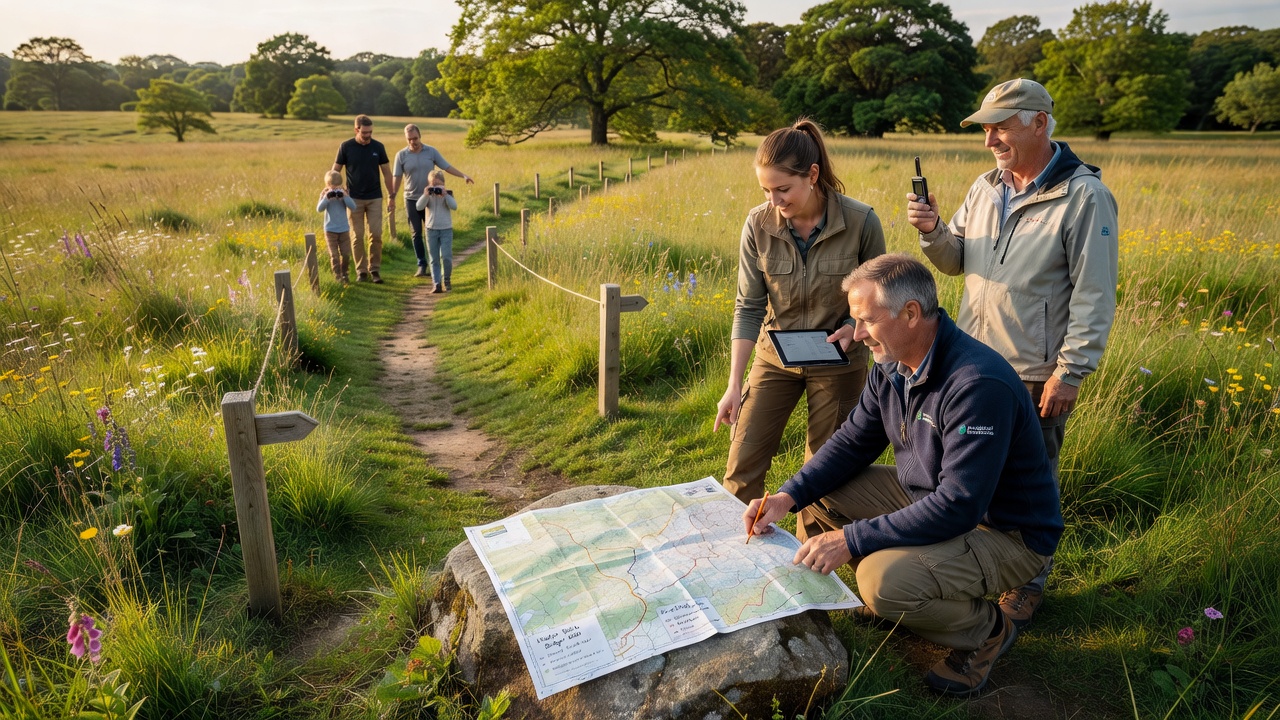 Family group observing birds along a newly documented Meadfield footpath bordered by wildflowers